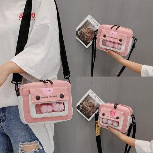 Mini Cute Women Fashion Pink Canvas Bag Leisure Cartoon Heart And Pig Solid Messenger Bag Square Shoulder Soft Cross Body Bag