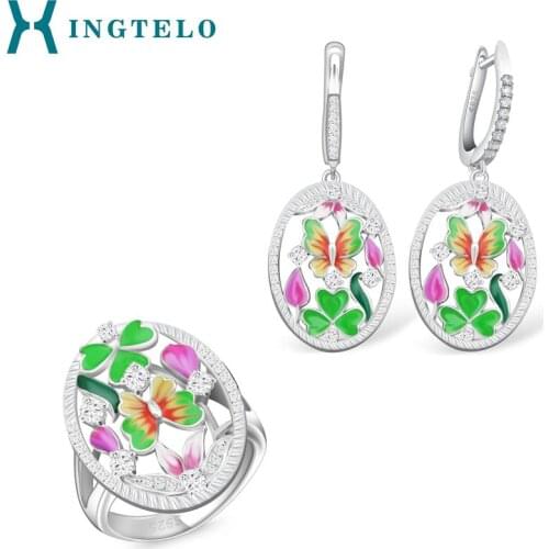 XINGTELO Ring Earrings Jewelry Set 925 Sterling Silver Earrings Hollow Rings Colorful Enamel Flower Jewelry for Women