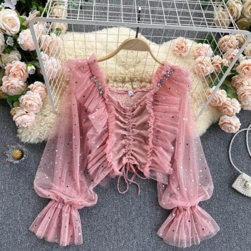 Solid Pink summer crop top women V Neck Strapless Sexy club party tank top Puff Sleeves Twill backless Chic Tops