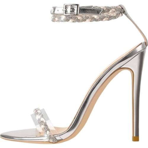 Onlymaker Womens Silver High Heel Rhinestone Sandals Embellished with Ankle Strap Strappy Pointed Open Toe Bridal Pumps EU45