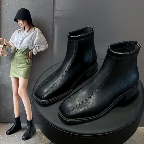 2020 Autumn Square Toe Womens Short Boots Simple Thick Heel Low Heel Zipper Womens Ankle Boots PU Martin Boots Botas De Mujer