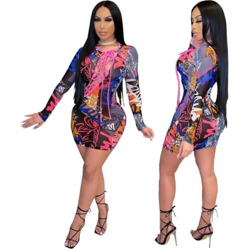 Sexy Tie Front Bandage Mini Dress Woman Long Sleeve Bodycon Hollow out Dresses Graffiti Fashion Printed Summer Party Wear 2021