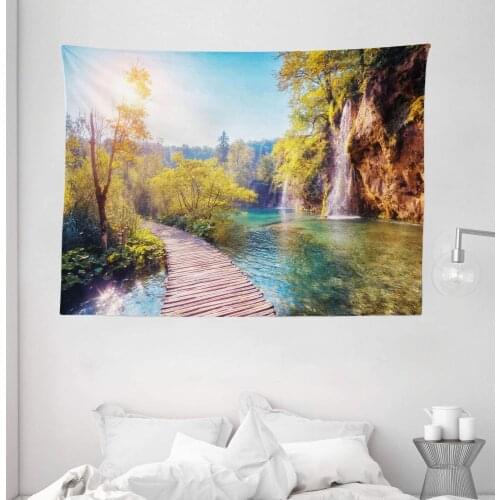 Nature Tapestry Idyllic Lake With Waterfall National Park Autumn Scenery Wall Hanging For Bedroom Living Room Dorm