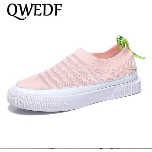QWEDF Vulcanized Shoes Autumn Mesh Flat With Loafers Cotton Women Flats Casual Comfortable Walking Stripe For Female X4-51