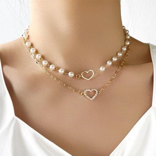 Luxury Double Layers Pearl Choker Necklaces for Women Wedding Jewelry Gift Sexy Geometric Crystal Heart Pendant Necklace Jewelry