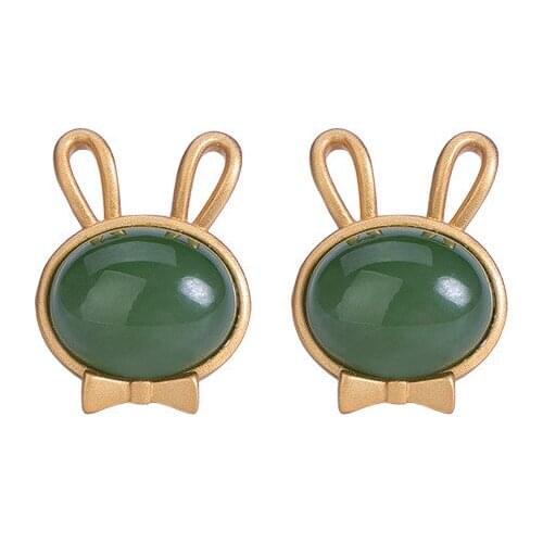 S925 sterling silver gold-plated natural Hetian jade stud earrings cute simple all-match rabbit womens earrings