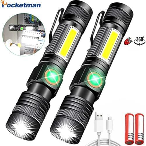 12000LM LED Pocket Tactical Flashlight Super Bright Magnetic Torch with Cob Sidelight Waterproof Zoomable 4 Modes For Outdoor