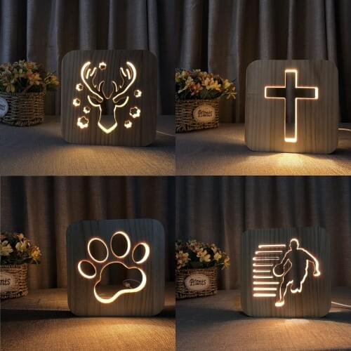 Led Usb Night Light Wooden Dog Paw Cat Wolf Head Animal Lamp Novelty Kid Bedroom 3d Decoration Table Lamp Child Gift