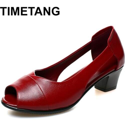TIMETANG2021Summer Genuine Leather Comfortable Ladies Mid Heel Sandals Women Shoes Hollow Peep Toe Square Heel Sandals WomanE656