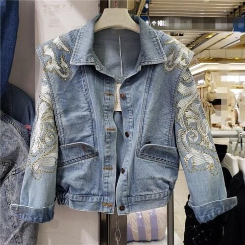 Trend Womens Denim Jacket Floral Embroidery Spring Tops Fashion Girls Street Snap Diamonds Pockets Nice Jean Coat Mujer