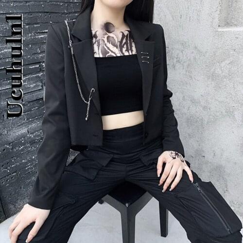Ucuhulnl Women Punk Gothic Black Blazer Harajuku Streetwear Metal Chain Patchwork Suit Office Ladies Commute Short Coat