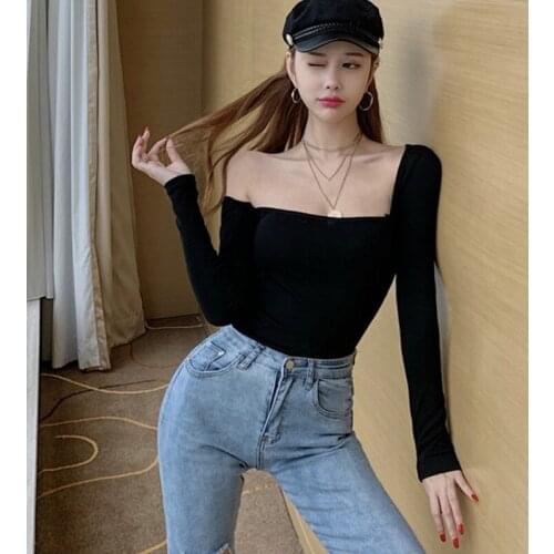 Spring Women Korean Style Sexy Off-Shoulder Irregular Neck Slim Long-Sleeve T-Shirt New