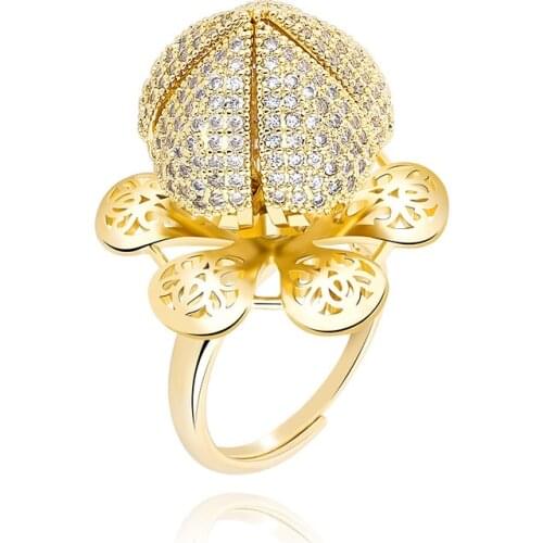 Flower Bloom Ring Vintage Wedding GR0701 Lotus Garland Gold Plated Women Fashion Jewelry Reception White Zircon Engagement