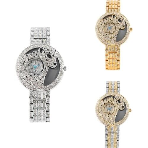 Womens Luxurious Diamond-encrusted Quartz Watch Unique Leopard Pattern Wristwatch Alloy Skeleton Hook Buckle Watch for Female