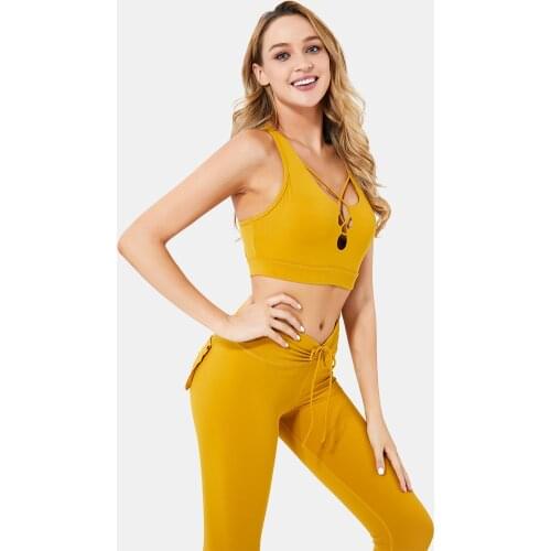 Women 2 Piece Sport Gym Clothes Fitness Set Pocket Pant Seamless Leggings Yoga Bra Sportwear Crop Top Active Workout Suit Yellow