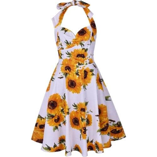 Sunflower Cotton Halter Bandage Dress 50s Pin Up Rockabilly Dress 2020 Women Summer A Line Swing Party Dresses Vintage Clothes