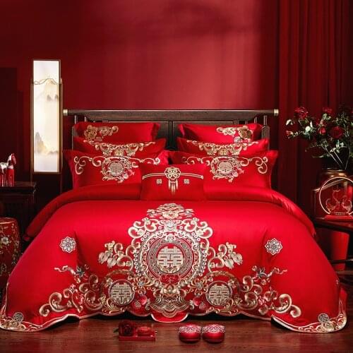 4/6/8pcs Red Chinese Weddind Chic Embroidery Bedding Set 100%Cotton Dragon Phoenix Duvet Cover Bed Sheet Pillowcase Home Textile