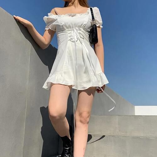 Summer Dress Retro Boho Women Tie Neck Chiffon Solid Mini Sexy White Elegant Y2K Puff Sleeve Satin Silk Girls Dresses 2021 Robe