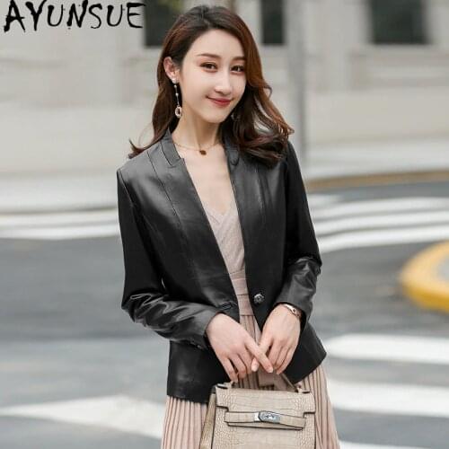 AYUNAUE Womens Genuine Leather Jacket 2020 Spring Autumn Sheepskin Coat for Women Casual Leather Blazer Korean Veste Femme 758