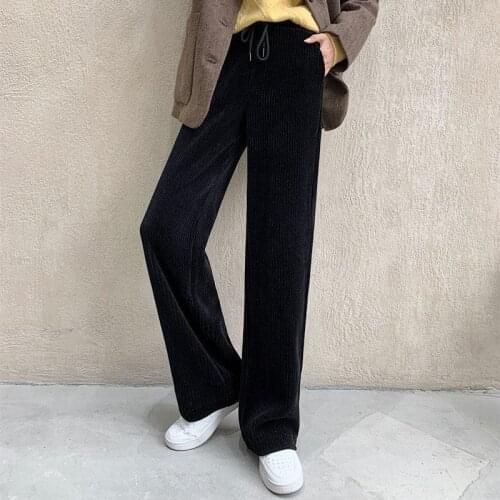 Spring Autumn Fashion Women Elegant Black Pants Elastic Waist Streetwear Casual Full Length Trousers Corduroy Gray BlacK