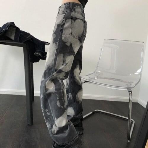 Autumn New Cool Girl Street Fashion High Waist Ink Tie-dye Jeans Loose Casual Straight Leg Wide-leg Pants Women Denim Trousers