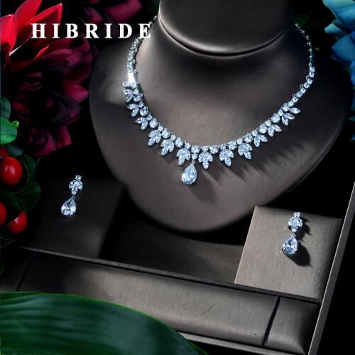 HIBRIDE CLEAR BEST QUALITY BRILLIANT CRYSTAL ZIRCON EARRINGS AND NECKLACE BRIDAL JEWELRY SET WEDDING DRESS ACCESSARIES N-181