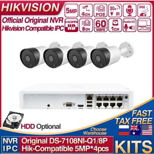 Hikvision Compatible Kits DS-7108NI-Q1/8P 8POE NVR & 5MP IP Camera Bullet POE 30M IR Built-in MIC 4pcs Plug&play CCTV System