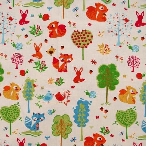 Cotton Linen Fabric for sewing pathwork, bedding - Tree and Animal - Squirrel Bird Fox and Rabbit (width=140cm)