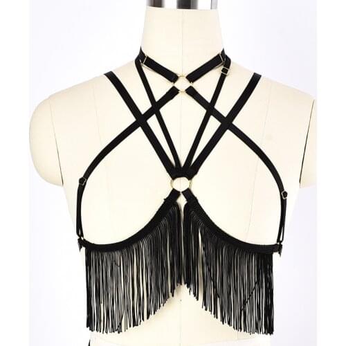 JLX.HARNESS Black Goth Tassels Harness Sexy Lingerie Bra Bondage Body Cage Fetish Rave Bohemia Pole Dance Top Cage Bra Belt