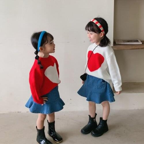 Korean Children Sweater 2021 Autumn New Girls Cute Love Sweater Casual Loose Knitting Fashion O-Neck All-match Top Cute Sweater