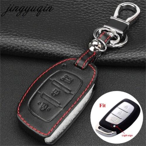 Jingyuqin Leather Car Key Case for Hyundai Verna Elantra IX35 3 Buttons Smart Remote Keyless Entry Push Small key Cover