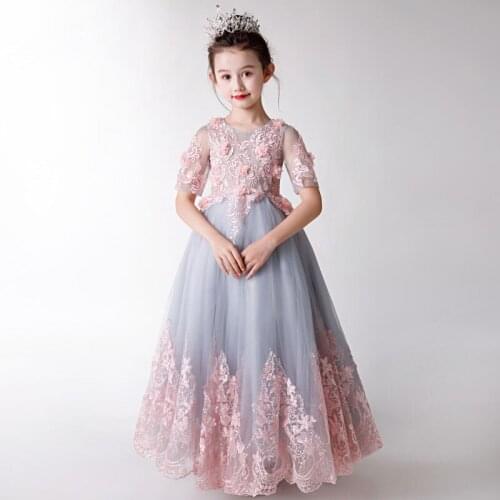 Appliques Lace Flower Girl Dresses Wedding Party Dress Princess Pageant Long Gown Kids Girls First Communion Evening Costume