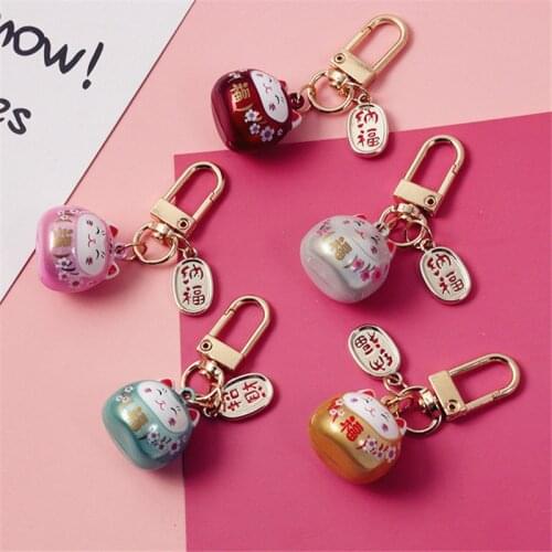 Japanese Cute Lucky Cat KeyChains Car Keys Bag Key Chains Decor Water Sound Bell Pendent Charm for Airpods for Samsung Buds Live