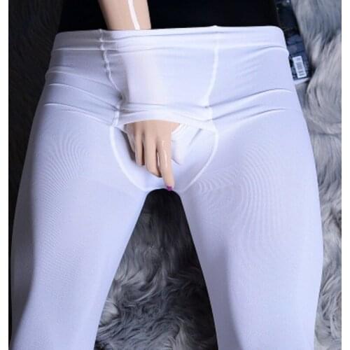 Men Horizontal Opening Pantyhose Sleep Bottom Legging Breathable Open Crotch Pajama Pants Need Not Undress Velvet Tight Trousers