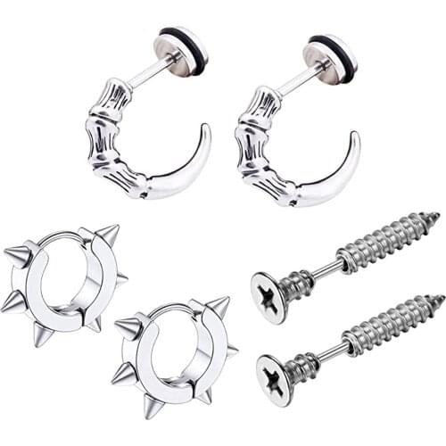 6Pcs Stainless Steel Earrings Set for Mens Women Studs Huggies Screw Style Gothic Punk Steampunk Biker Rebel Jewel Set
