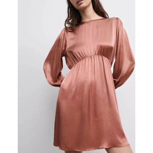 New ladies pure color elastic waist dress silk satin drape dress long sleeve mini dress