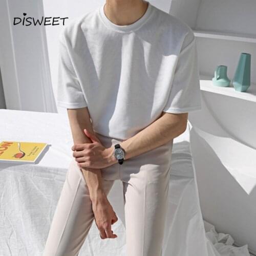 Solid Round Neck T-shirt Mens Korean Short Sleeve Loose Tees Boy Harajuku Slim Summer Top Men 2020