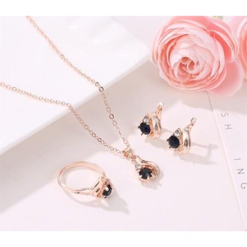 Hollow Rhinestone Alloy Waterdrop Obsidian Golden Necklace Stud Earrings Ring Jewelry Sets for Women