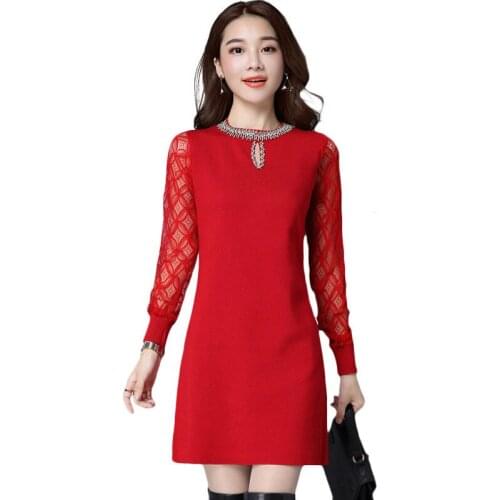 Casual Outwear office Dresses female cool 2019 full women Autumn Winter Woolen Knitting Patchwork warm wool dress