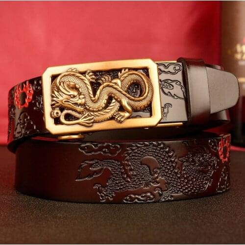 Famous Brand Automatic Buckle Mens Belt Dragon Pattern Genuine Leather Strap For Men Luxury Causal Vintage Male Dress Belt