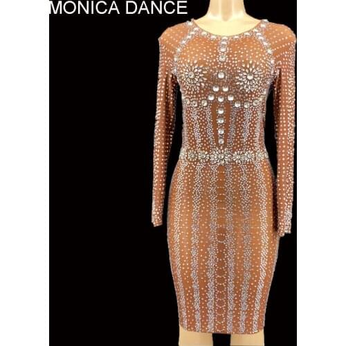 Sexy Stage Sparkly Full Rhinestone Short Dress Fashion Prom Evening See Through Crystal Birthday Party Dress Performance Dress