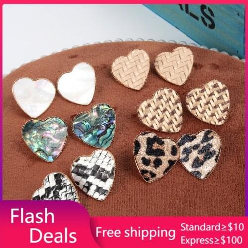 Heart Leopard Print Abalone Shell Earrings Straw Weave Stud Earrings Gold Brincos Pendientes Jewelry for Women girls