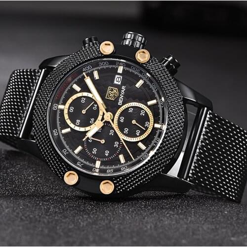 BENYAR Sport Watch Man Chronograph Fashion Watches Men Mesh Band Waterproof Luxury Brand Quartz Designer Watch Gold Saat 2021