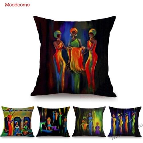 Dancing African Women Abstract Oil Painting Home Decoration Car Pillow Cotton Linen Africa Impression Black Woman Cushion Cover