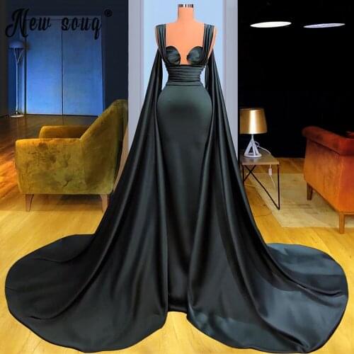 Dark Green Cape Long Sleeve Evening Dress 2021 Sexy Satin Mermaid Prom Gowns Elegant Vestido De Novia Longue Robes