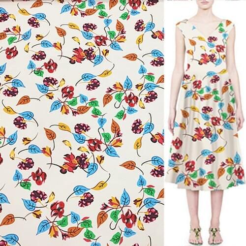 Pure silk crepe de chine fabric lovely floral and leaves print on beige,SCDC1040
