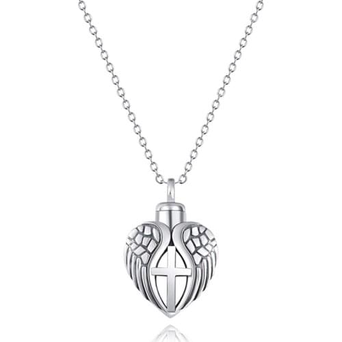 Angel Wing Cross Cremation Urn Pendant Necklace For Ashes Memorial Cremation Pendant Necklace