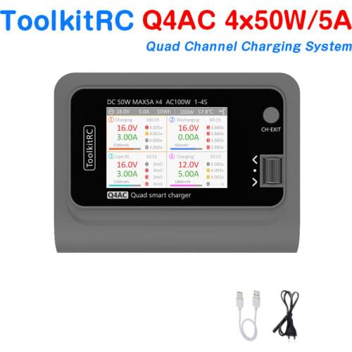 ToolkitRC M4Q 4x50W 5A AC 100W 4 Port DC Smart Charger XT60/XT30 Optional for 1-4S Lipo Battery