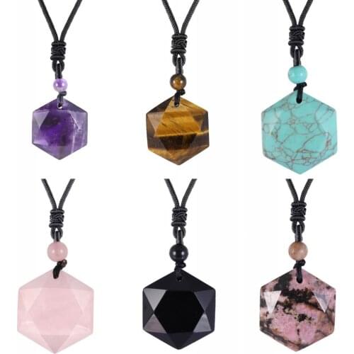 TUMBEELLUWA Healing Crystal/Stone Six-pointed Star Faceted Pendant Necklaces,Reiki Balancing Energy Stone Cord Unisex Jewelry