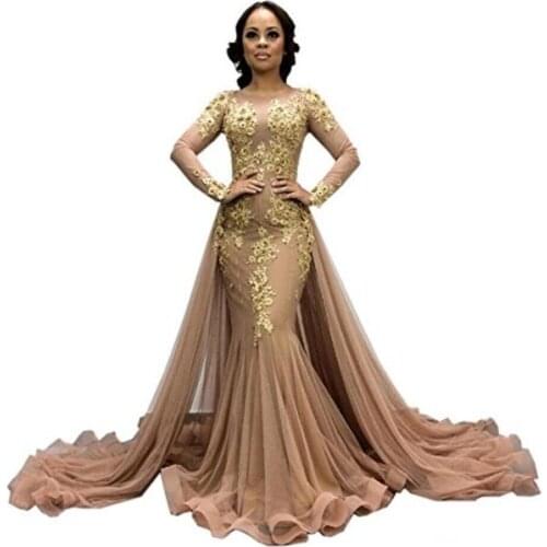 Champagne Overskirts Evening Dresses With O-Neck Lace Appliques Tulle Plus Size Prom Dress Long Sleeves Mother Of The Bride Gown
